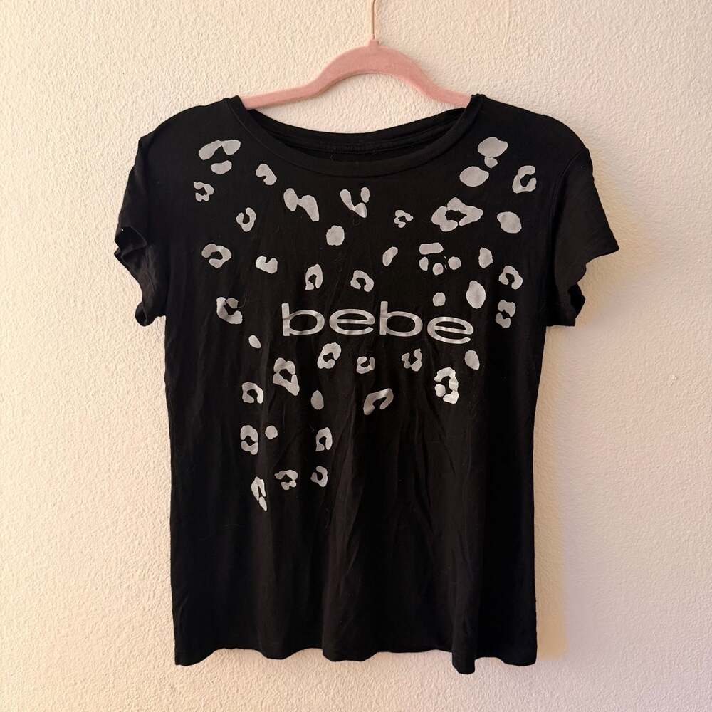 bebe Women's Black Silver Leopard Print Logo T-Shirt Size L